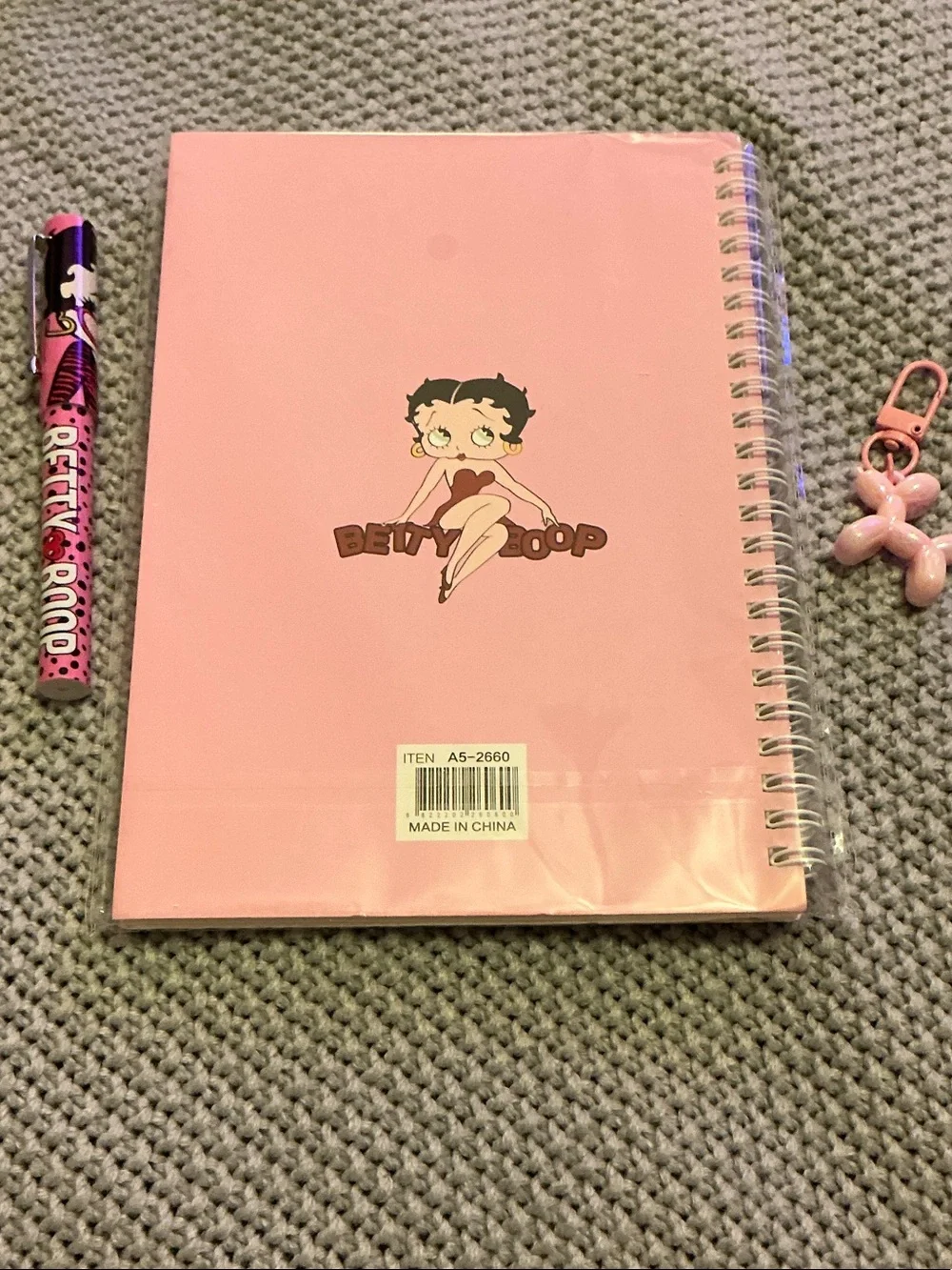 Betty Boop (3 Pcs) Pink Spiral Notebook W/Pen & Ballon Dog Keychain.